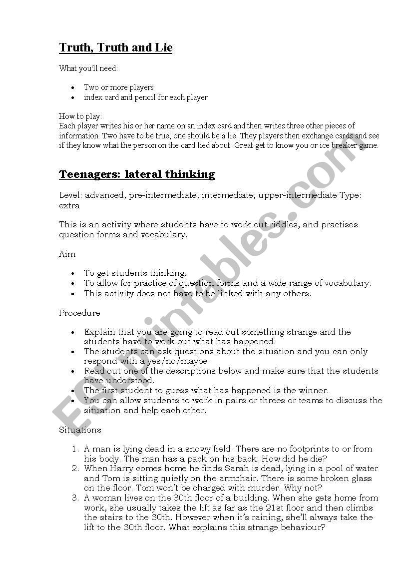 games for teenagers worksheet