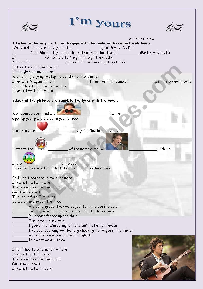 IÂ´m yours- Jason Mraz worksheet