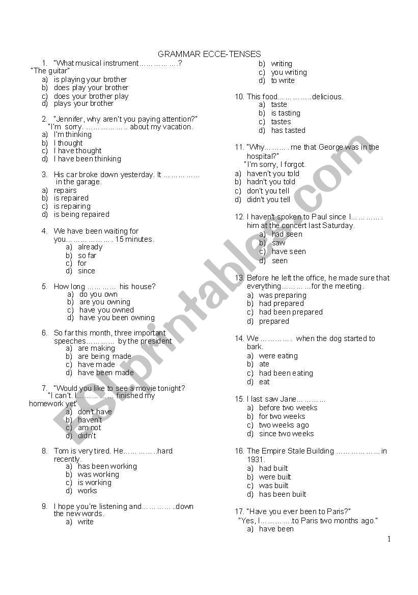 revision test for ECCE worksheet