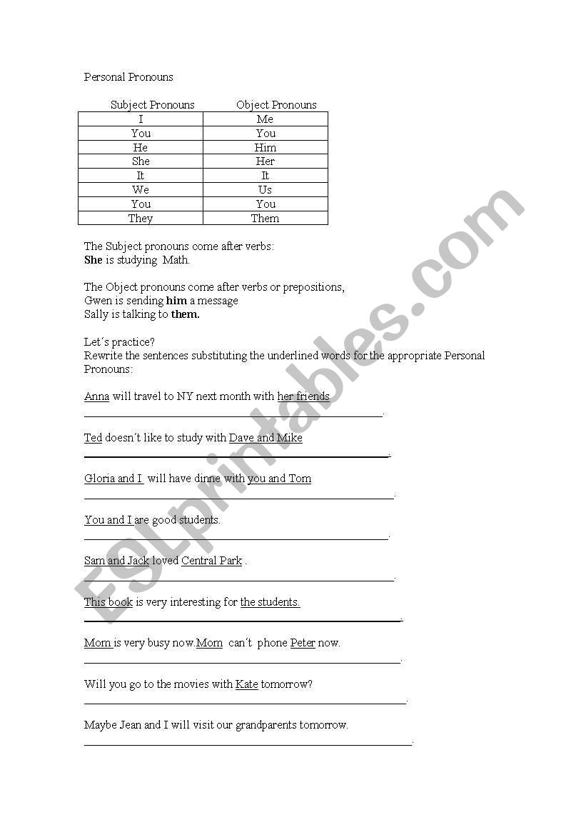 Personal Pronouns worksheet