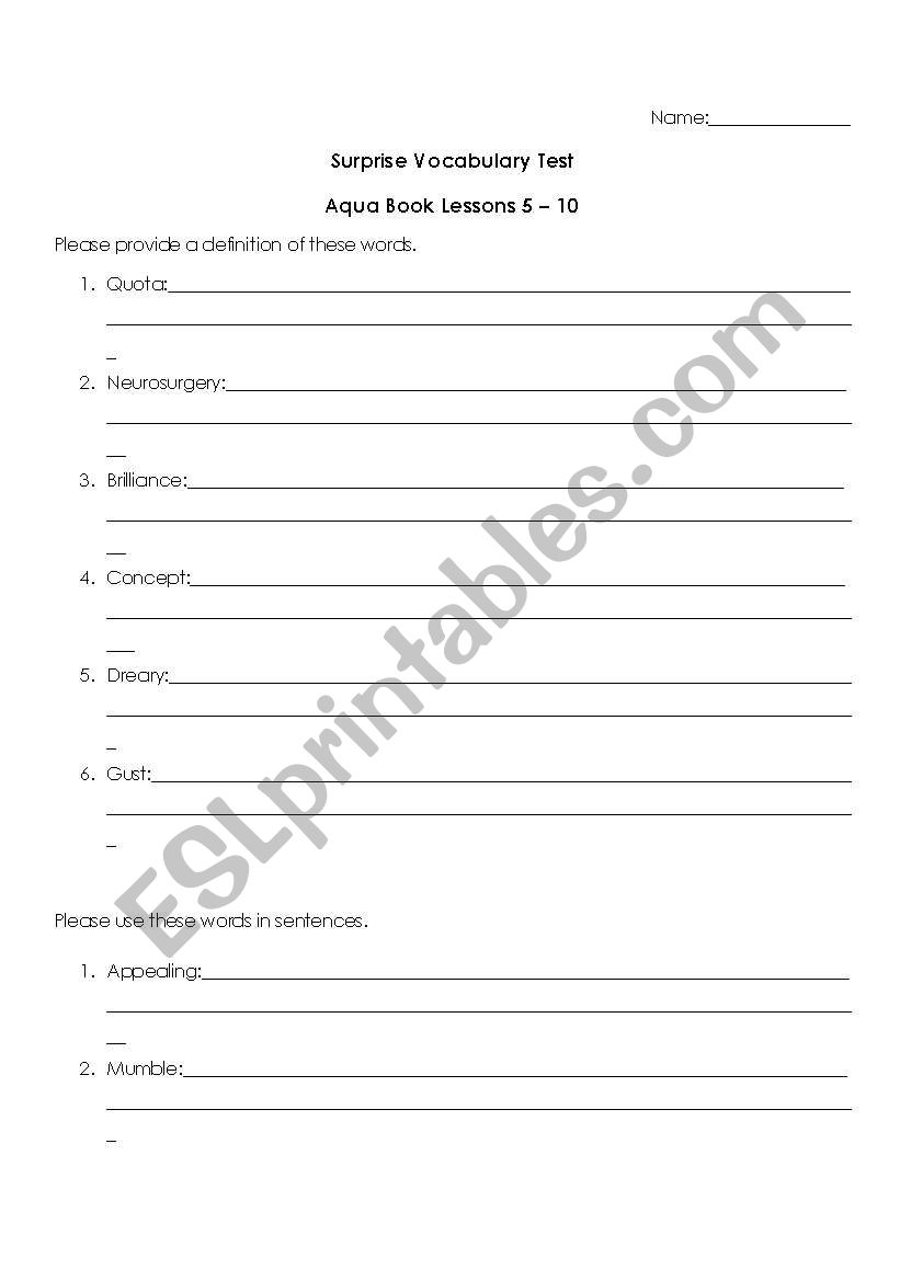 Vocabulary Test worksheet
