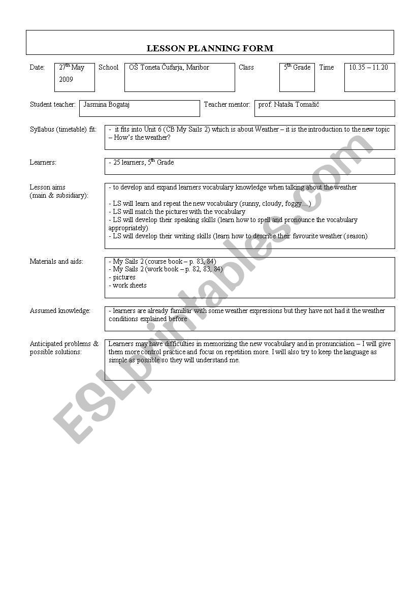 The weather lesson plan worksheet