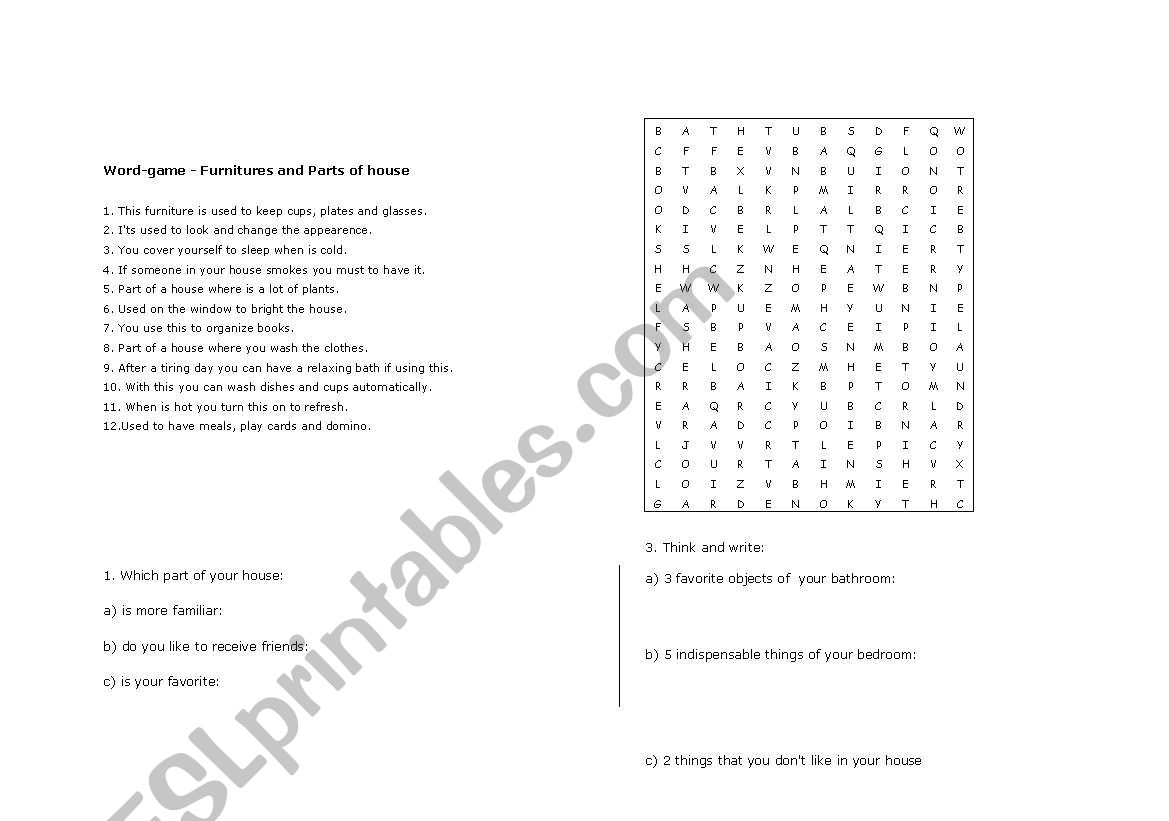 Word hunt - furnitures worksheet