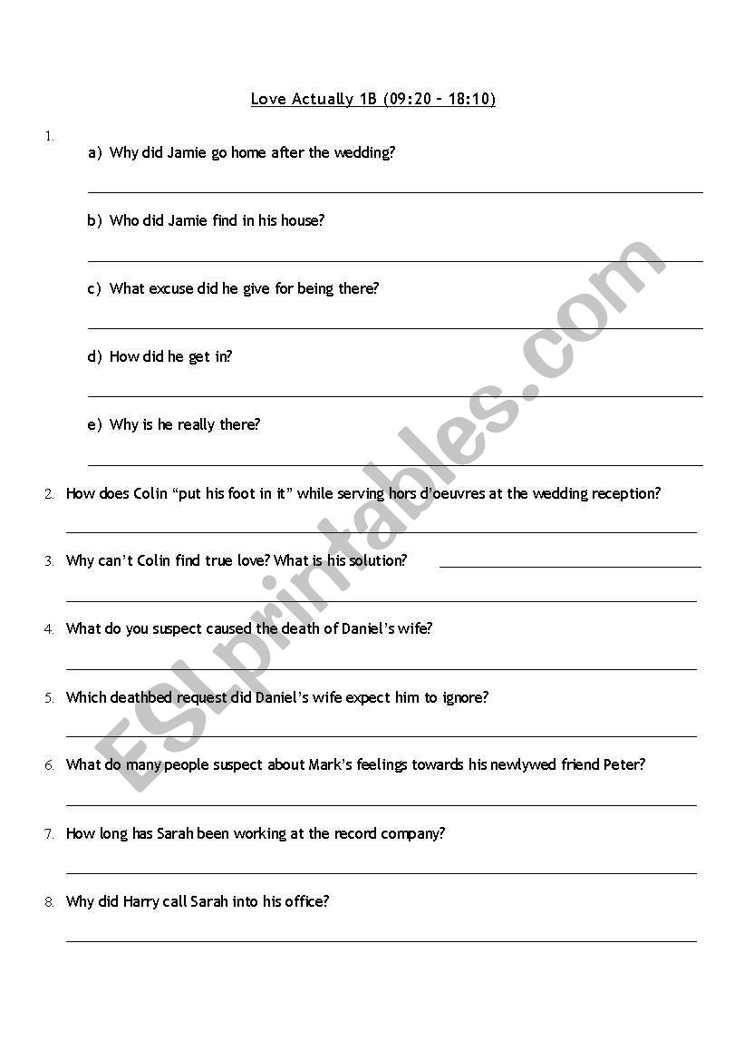 Love Actually Comprehension B worksheet