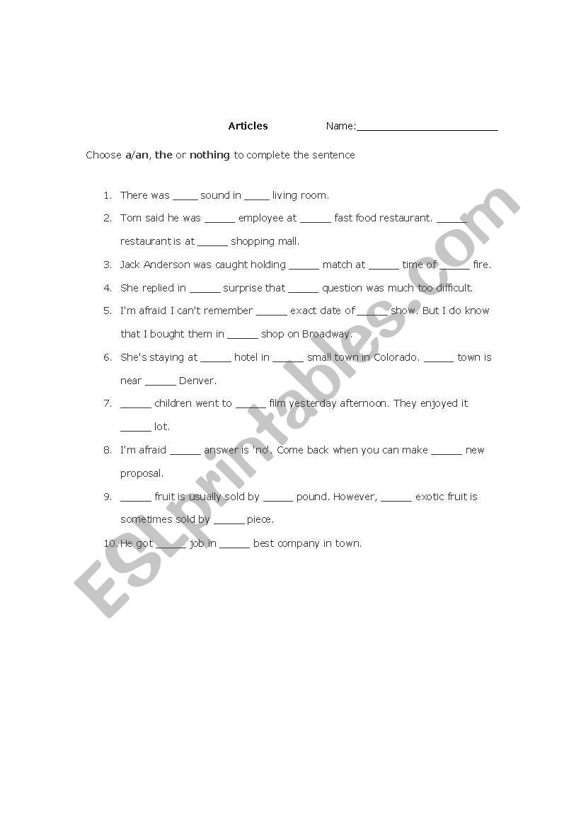 articles and quatifiers quiz worksheet