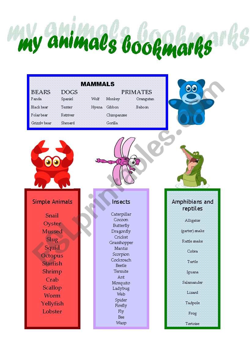 Animals Bookmarks worksheet