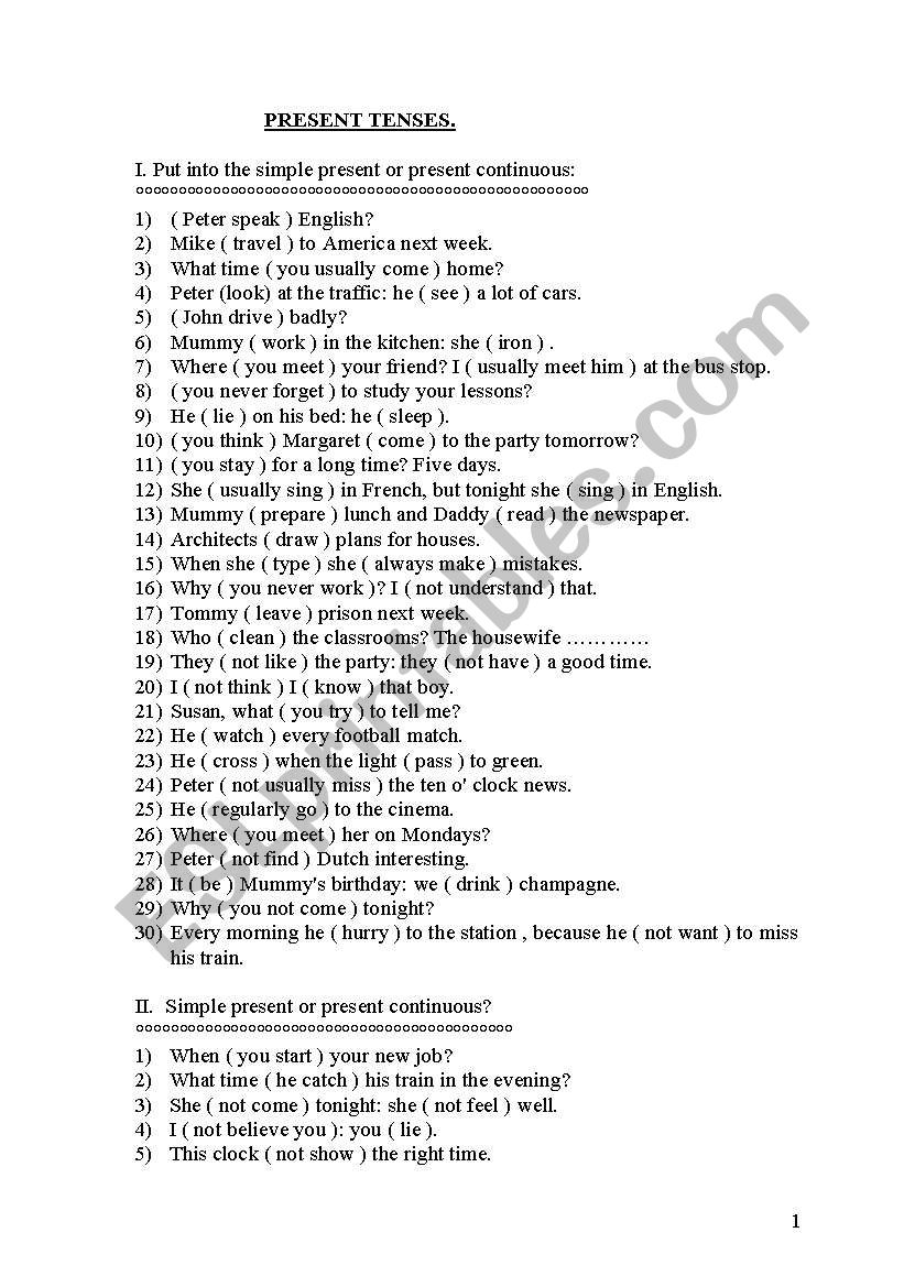 Present tenses worksheet
