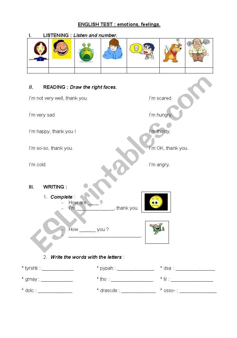 english test about emotions, feelings.