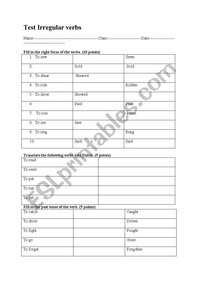 irregular verbs test 3 worksheet