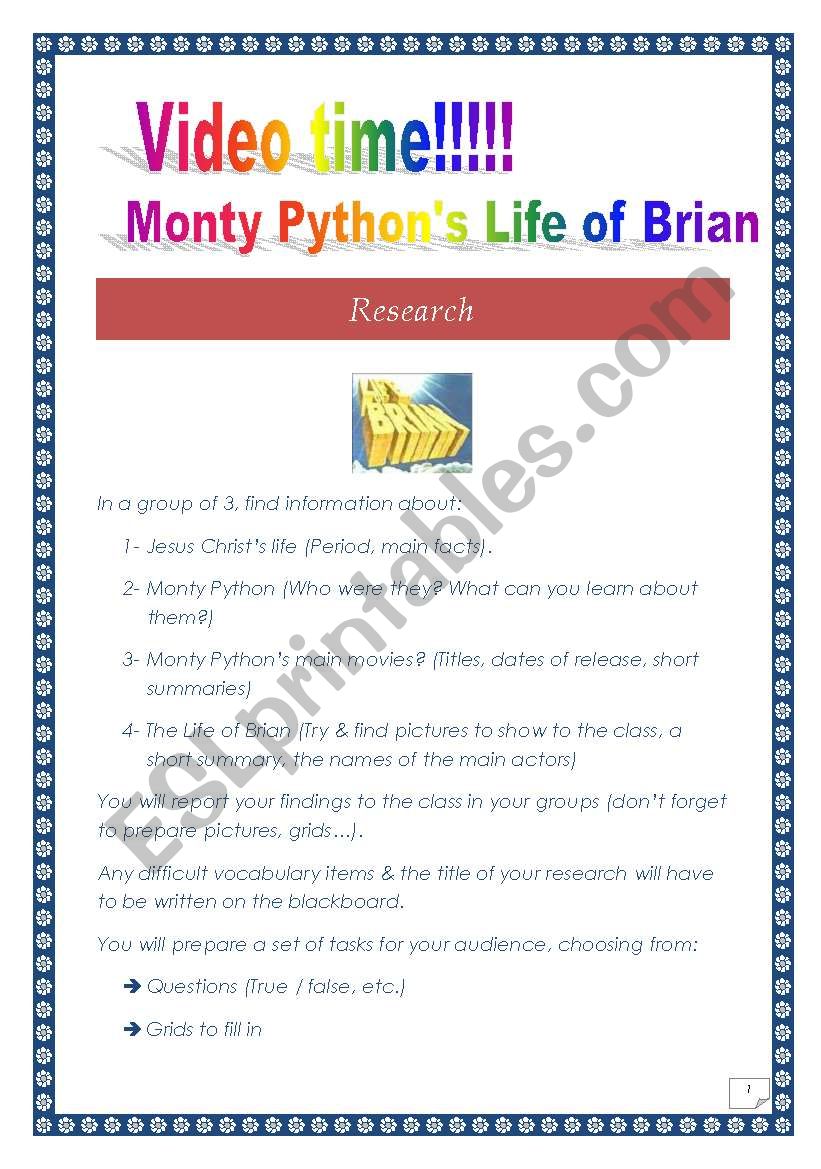 VIDEO TIME --> LIFE OF BRIAN # 1, RESEARCH (COMPREHENSIVE lesson, printer friendly, 5 pages, with KEY).