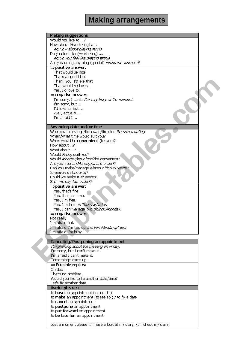 Making arrangements worksheet