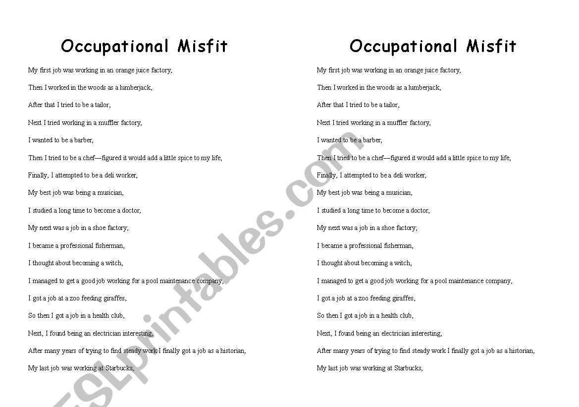 Occupational Misfit worksheet