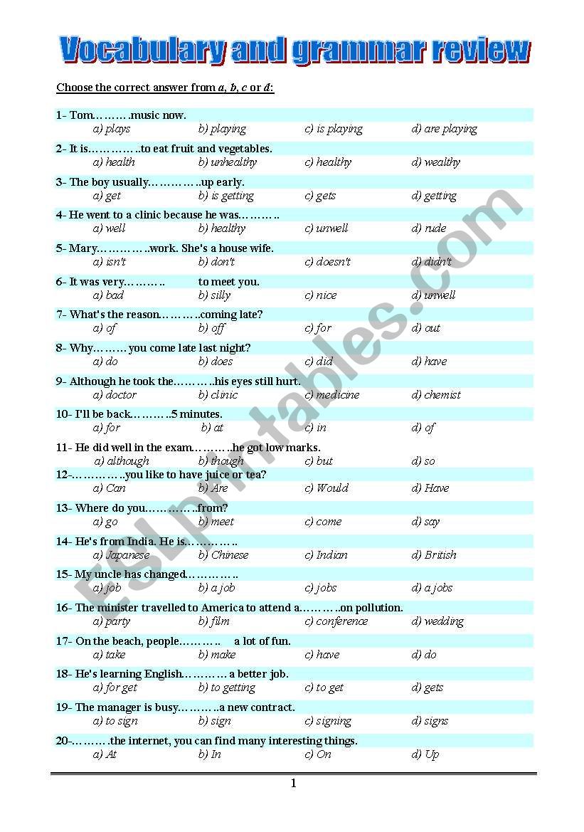 300 Multiple choice questions (15 pages - The 3 parts together) - Vocabulary and grammar review 