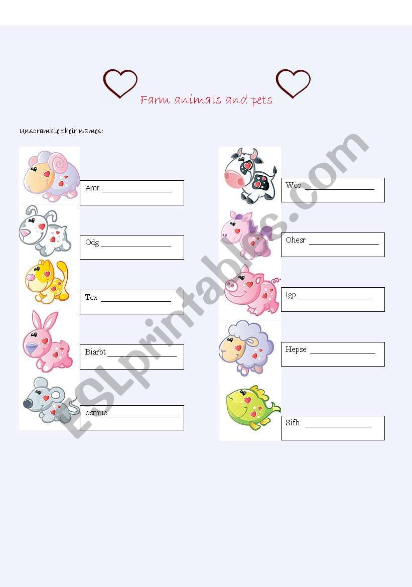 farm animals with heart  worksheet
