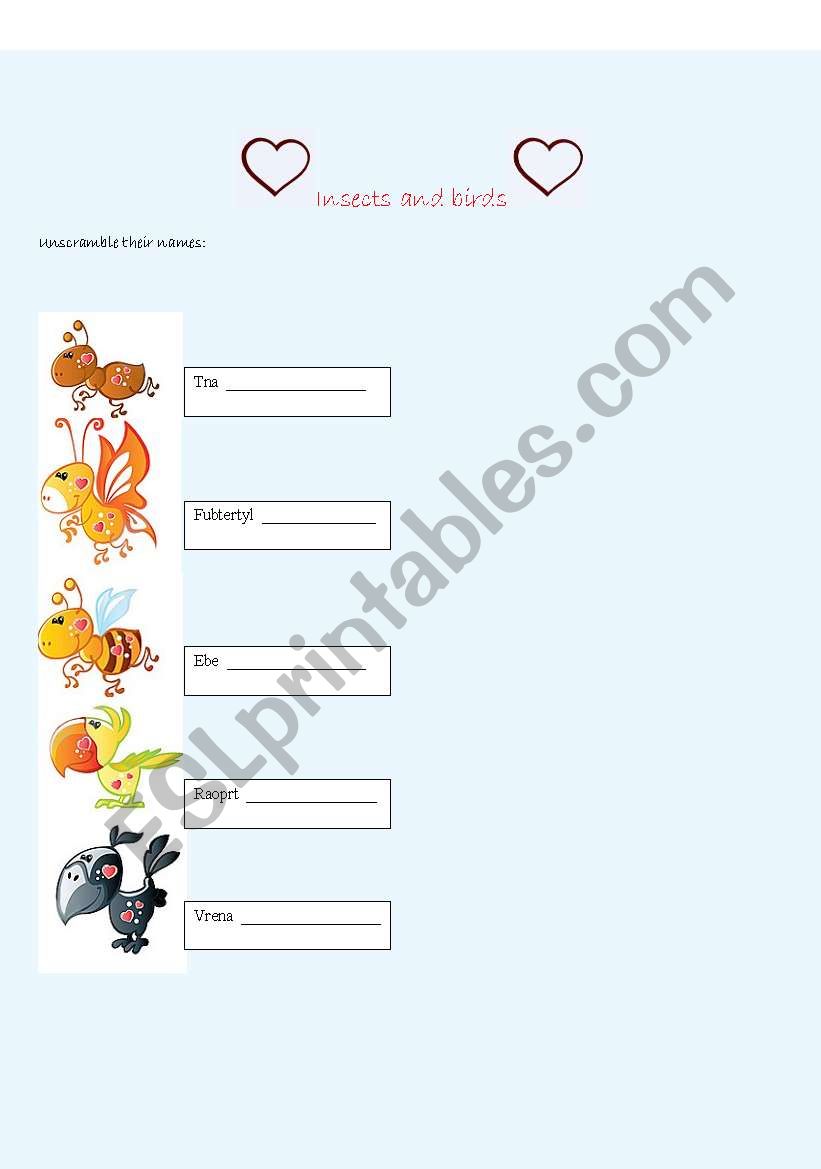 insects and birds with heart  worksheet
