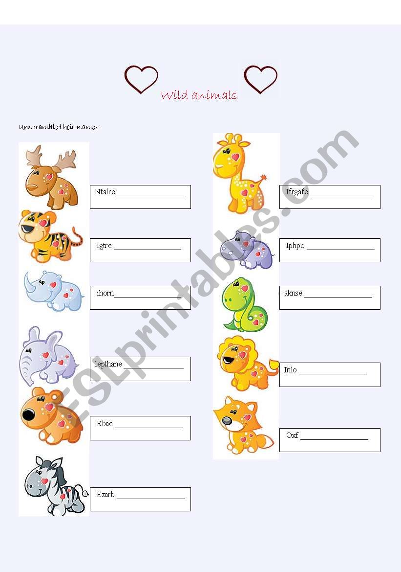 wild animals with heart worksheet