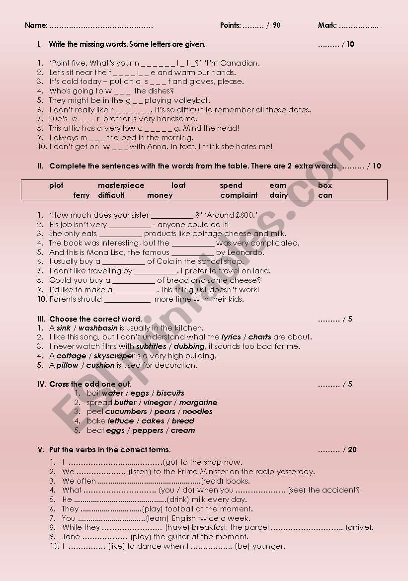 End-of-year test worksheet