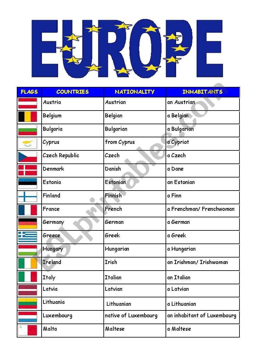 European countries Grid1 worksheet