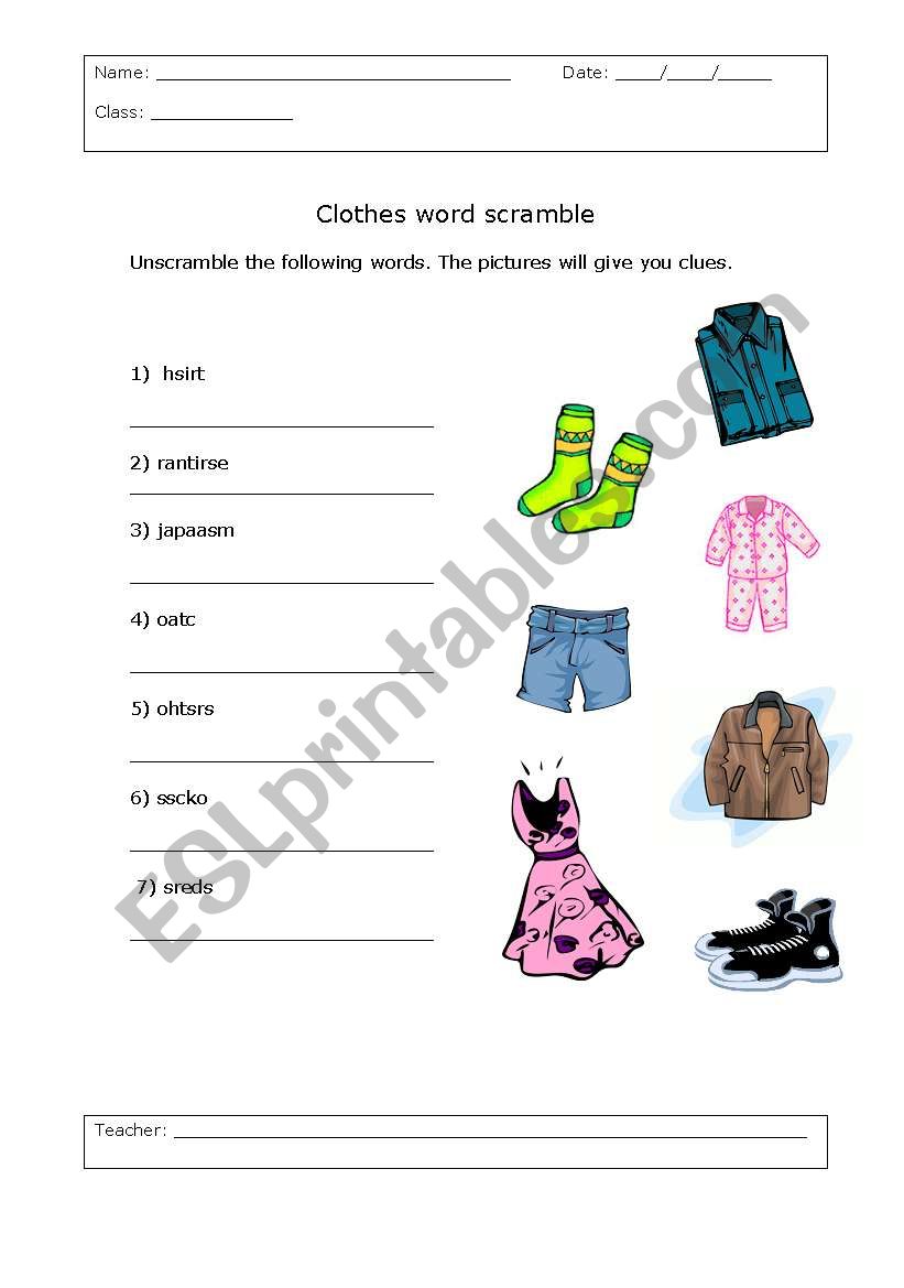 Clothes unscramble worksheet
