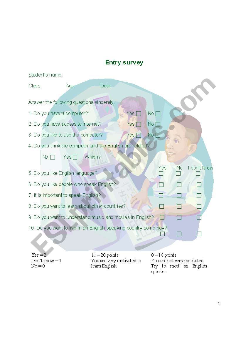 Entry survey worksheet