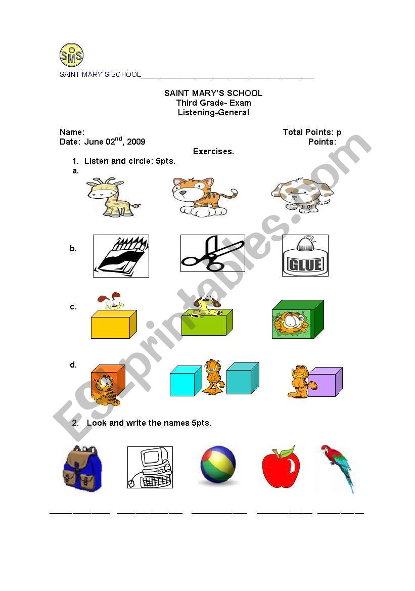 3rd grade listening gral exam worksheet