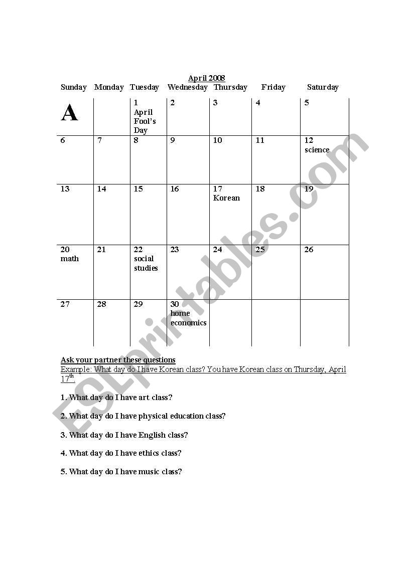 Going over days of the week, months of the year, and school subjects