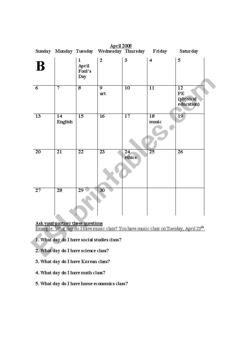 Days of the week, months of the year, and school subjects