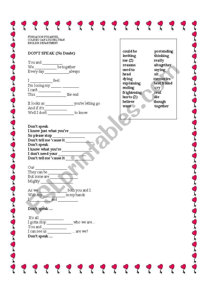 Dont speak / No Doubt worksheet