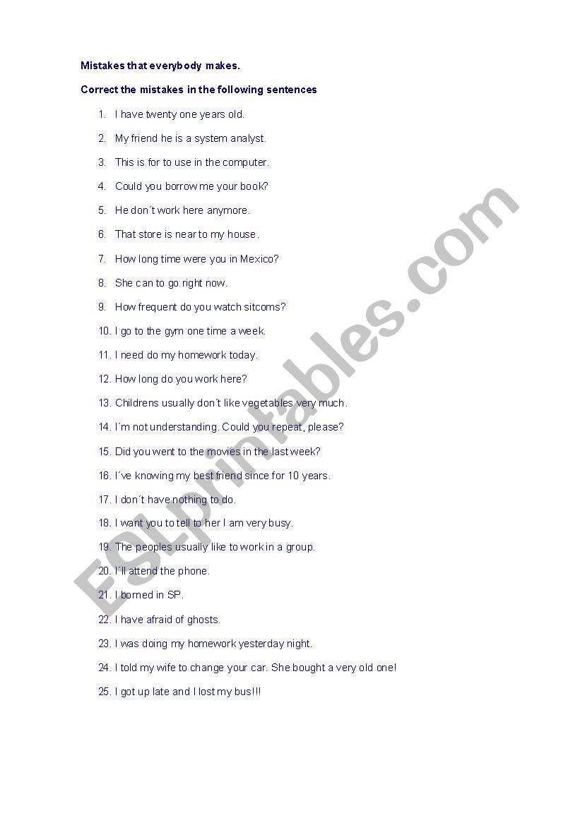 Common grammar mistakes worksheet