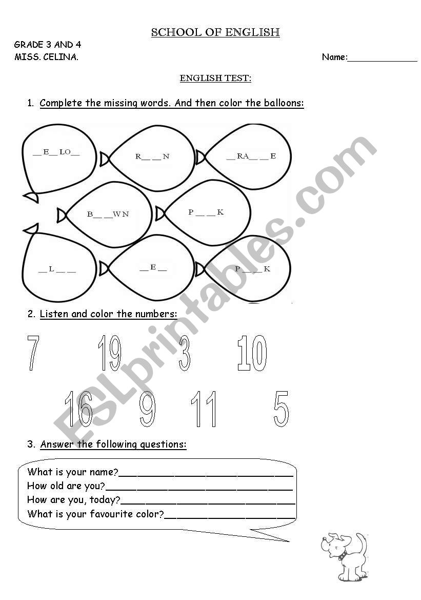 Colors and numbers test worksheet