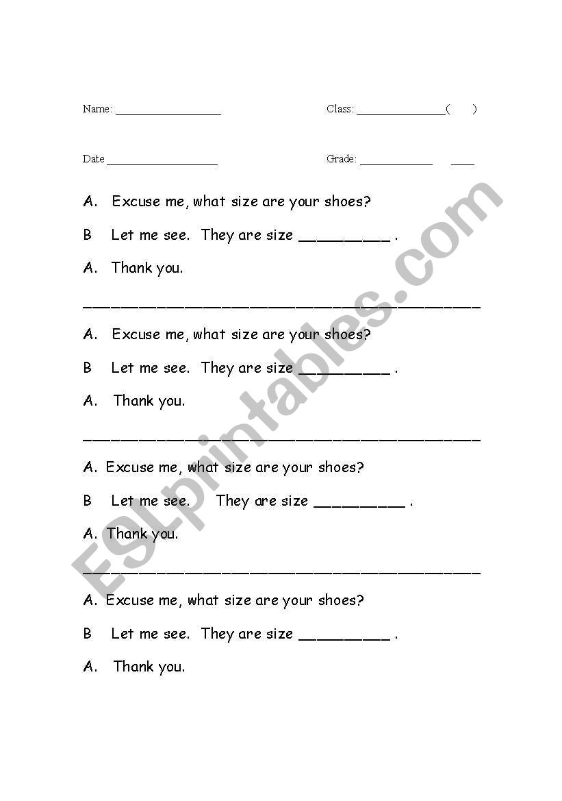 Shoe size survey worksheet