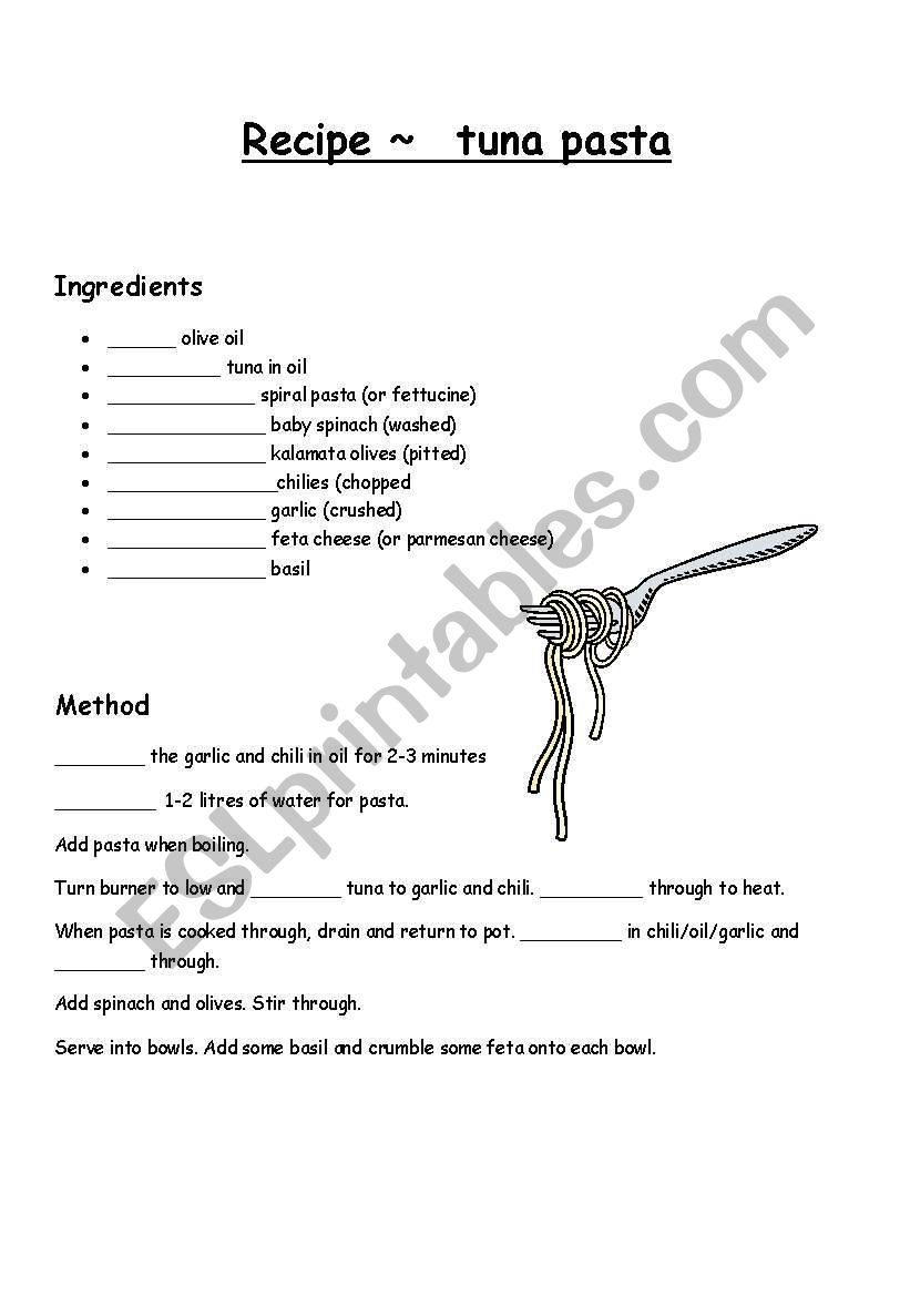 Recipe - tuna pasta worksheet