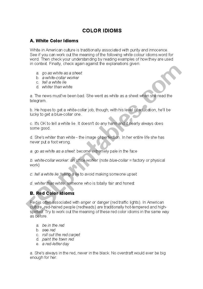 Color Idioms worksheet