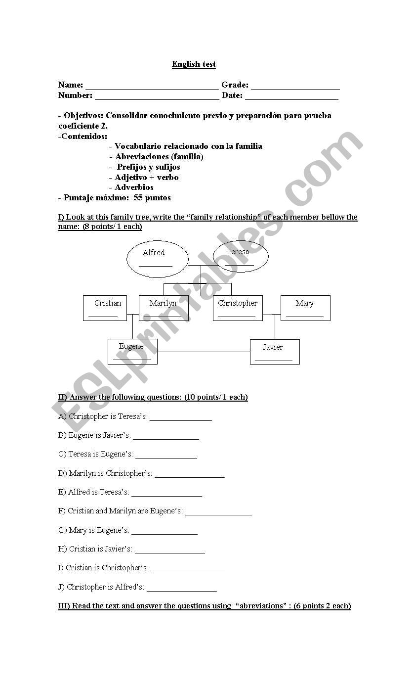 family and family qualities worksheet