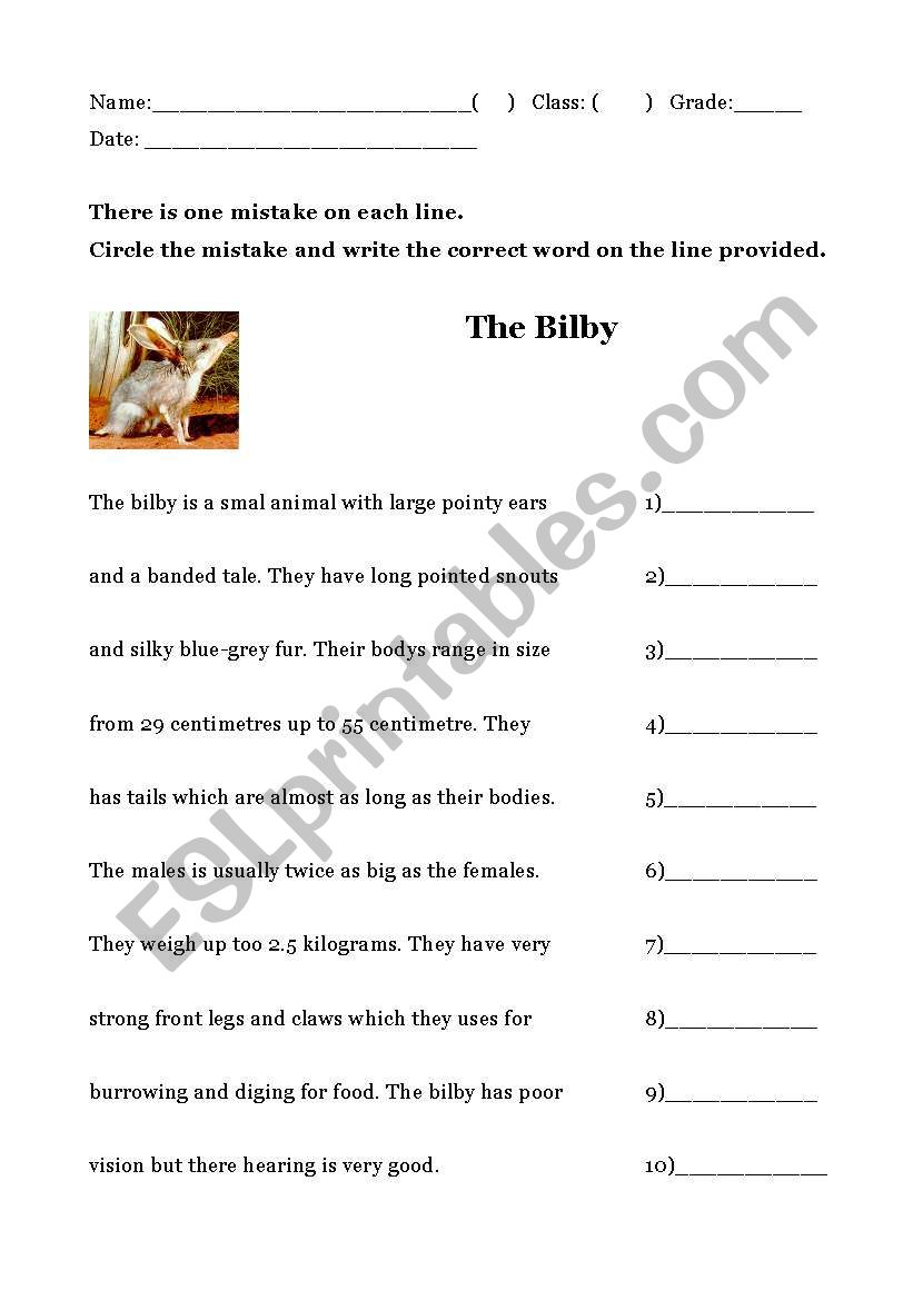 Proofreading (The Bilby) worksheet
