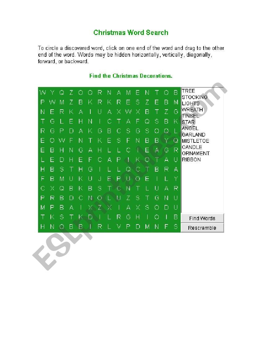 Christmas word search worksheet