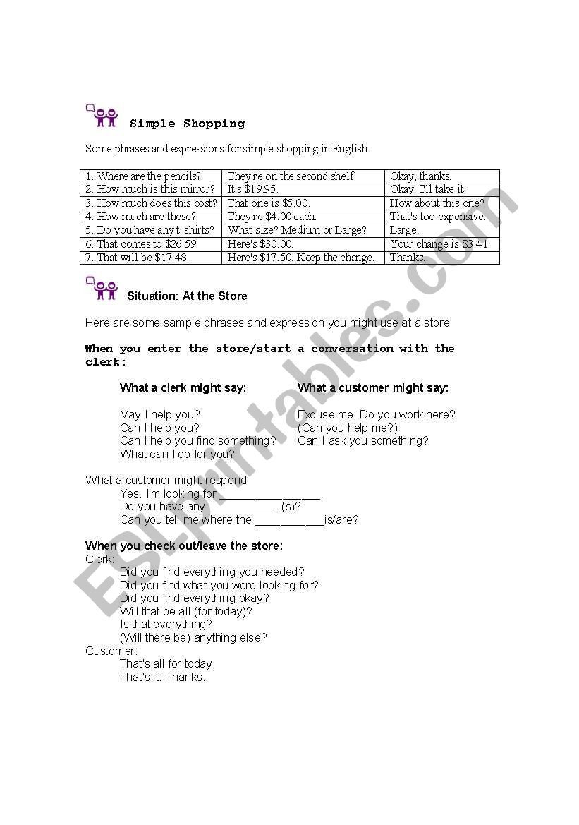 Simple Shopping worksheet