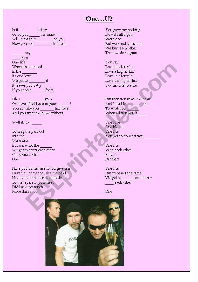 One by U2 worksheet