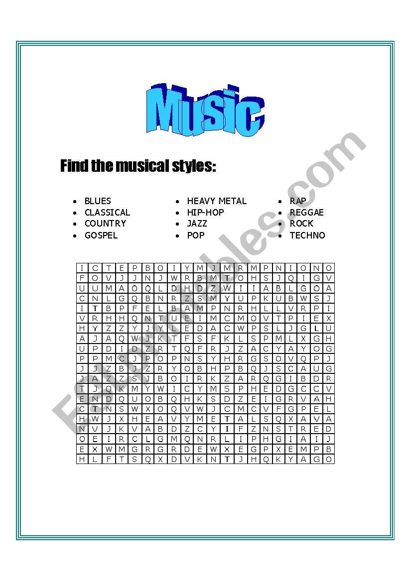 Musical styles - wordsearch worksheet