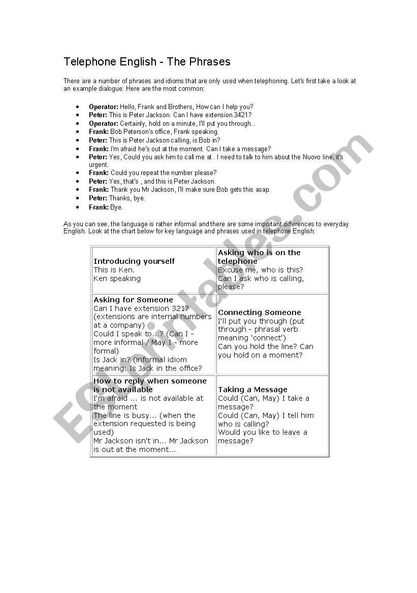 Telephone English worksheet