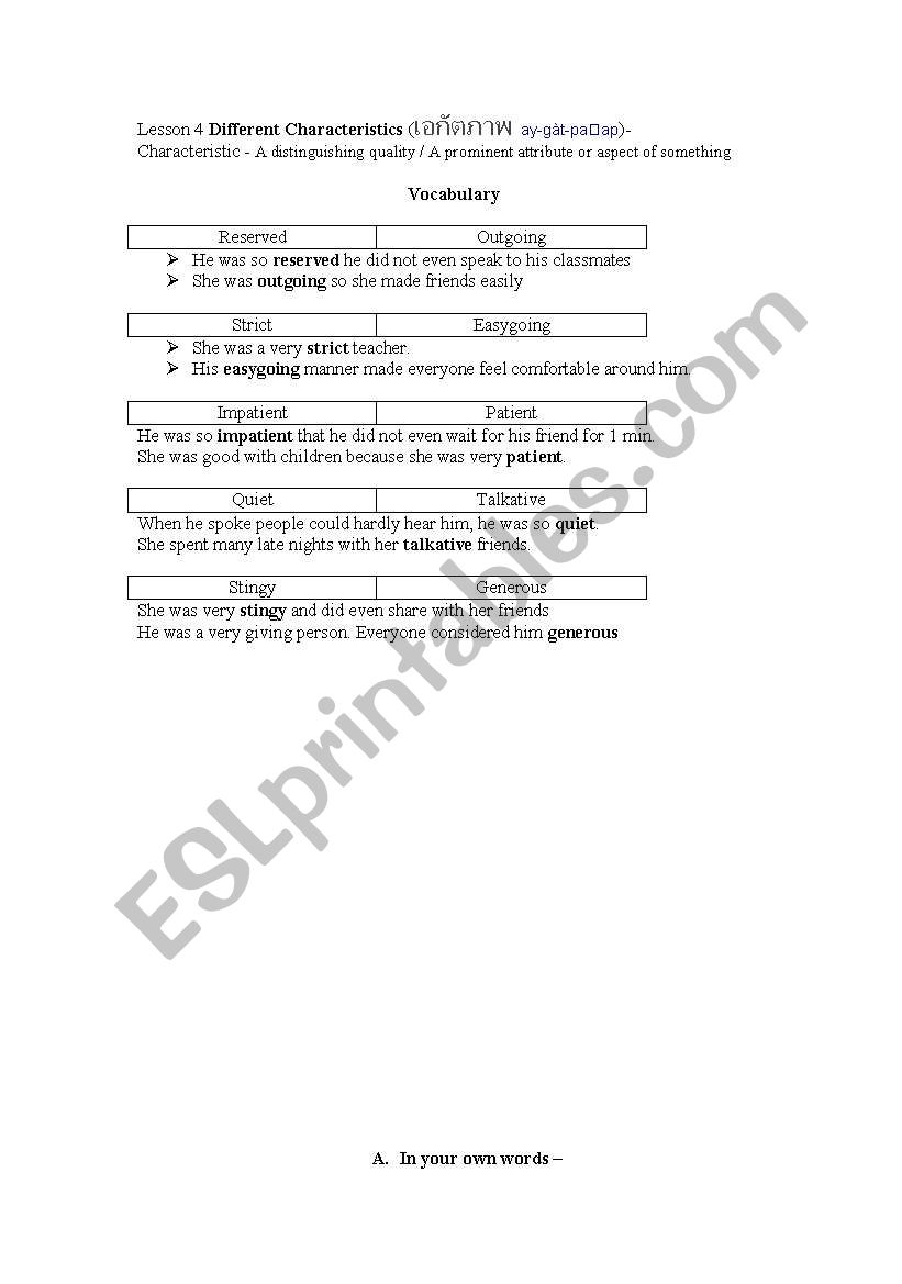 Different characteristic  worksheet