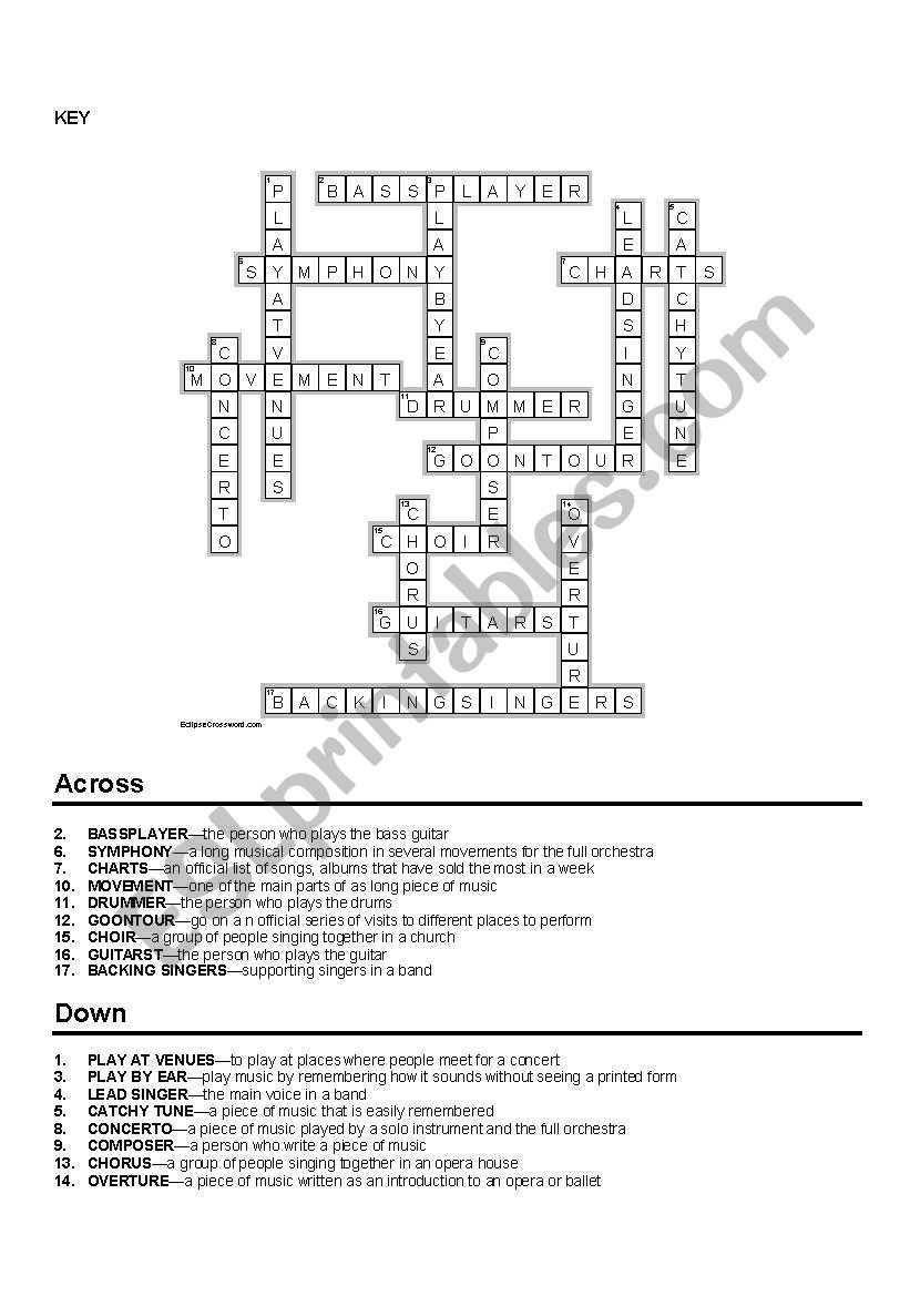 music vocabulary crossword - ESL worksheet by marta v