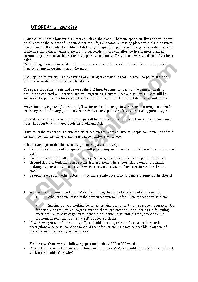 Utopia - the perfect city! worksheet