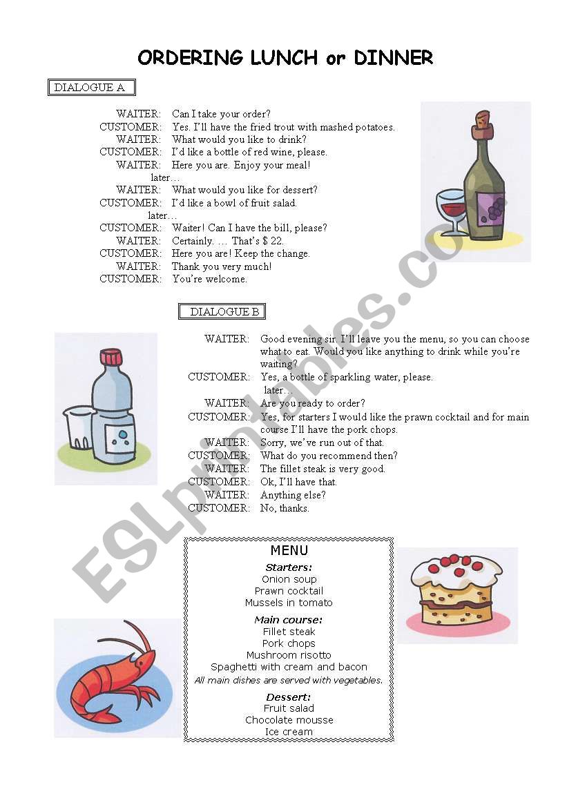 Ordering lunch or dinner worksheet