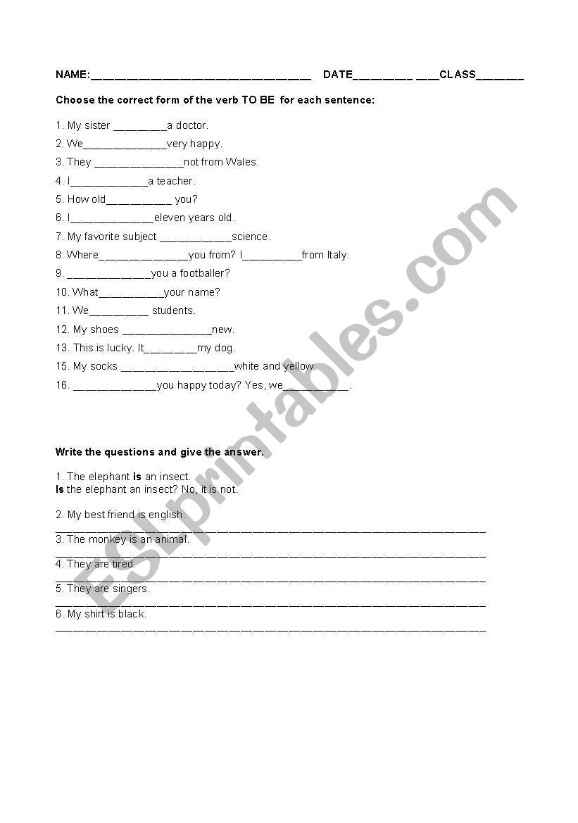 verb TO BE worksheet