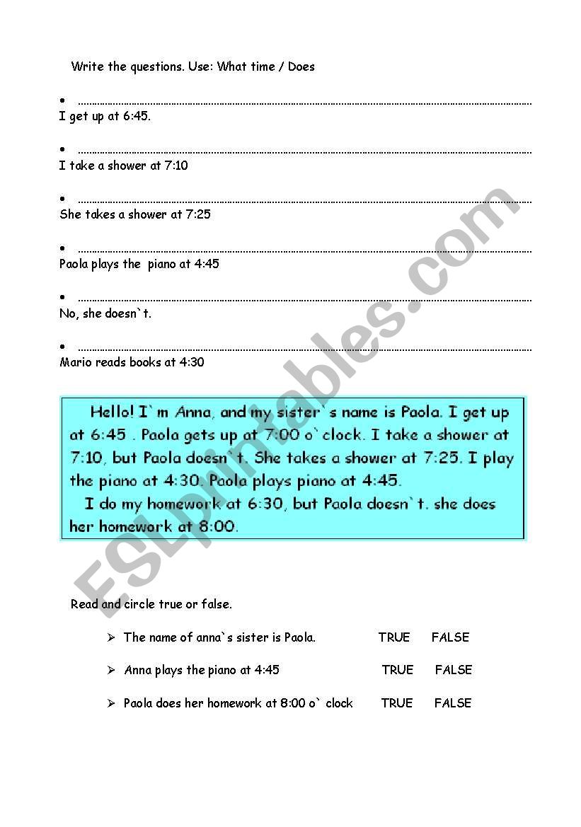 Reading comprehension worksheet