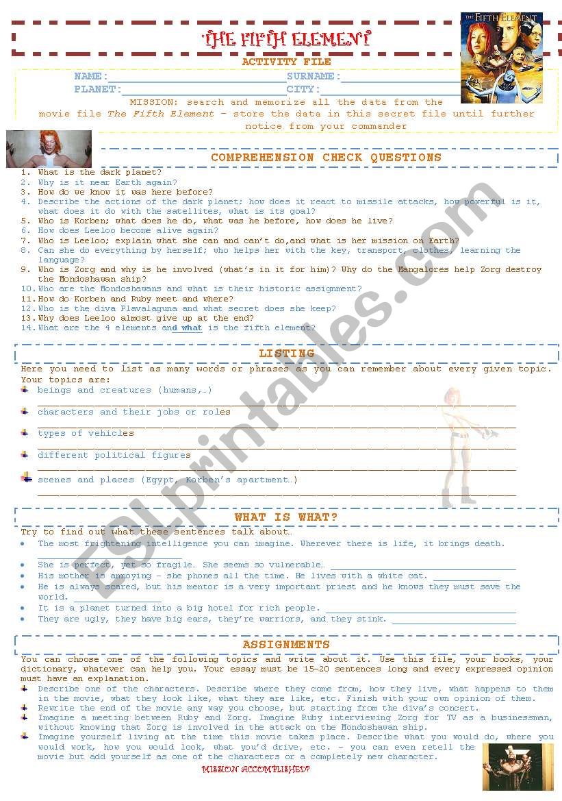 THE FIFTH ELEMENT worksheet