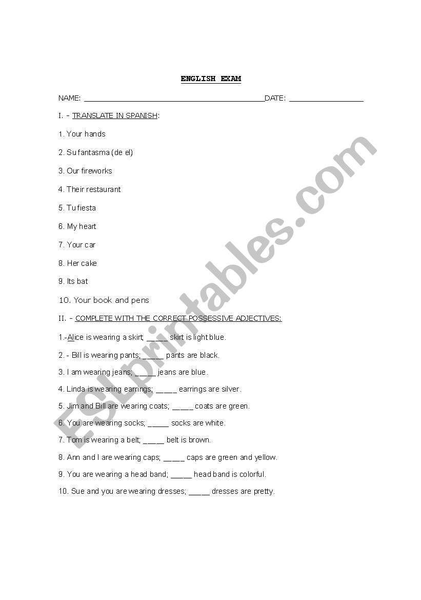 Possessive adjectives worksheet