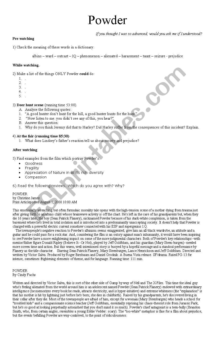 Powder (1995) Video Guide worksheet