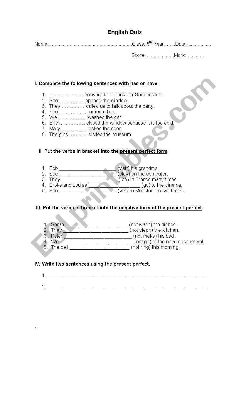 present perfect worksheet